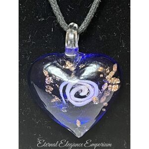 Black Cord Chain + Handmade Artisian Blue Glass Heart + White Swirl Pendant